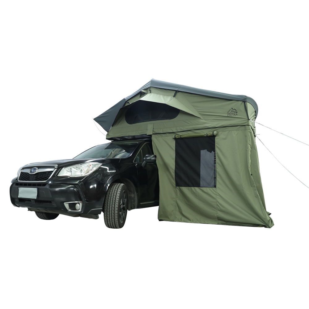 FjallVila-UppLov-daktent-op-auto-met-ondertent-groen.jpg FjällVila UppLöv 140L taktält undertält - Khaki-Green